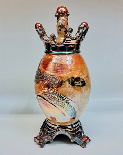 Click to view detail for #221284 Raku Glitter Glaze Lidded Urn  $225
